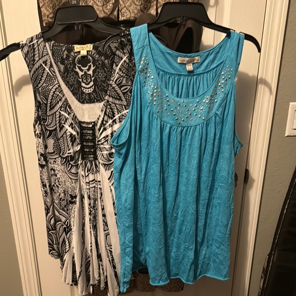 Blue Sleeveless Top and Black and White Sleeveless Top